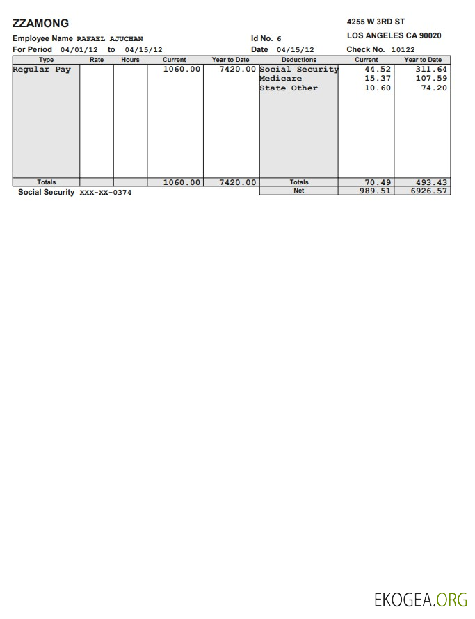 Fiche de paie de l'entreprise Zzamong au format PDF et Word